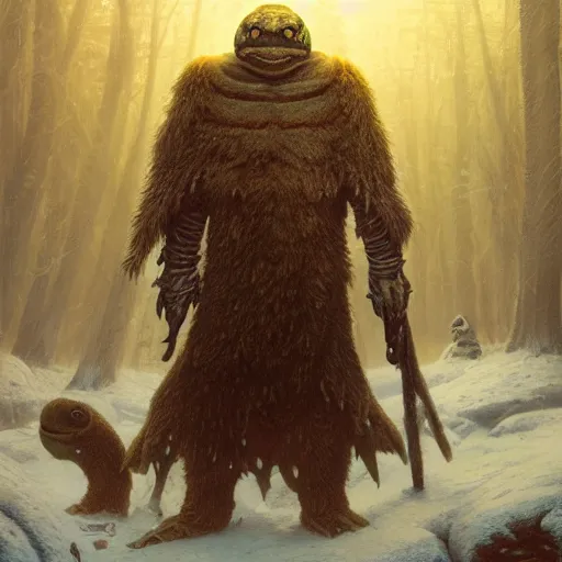 Prompt: anthropomorphic turtle humanoid, carapace, greg rutkowski, tim hildebrandt, wayne barlowe, winter, snow, night, furs, fantasy