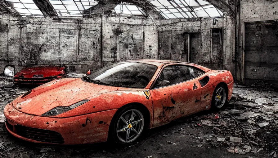 Prompt: Abandoned Ferrari in an abandoned garage with lot of vegeration, wide view, hyperdetailed, artstation, cgsociety, 8k