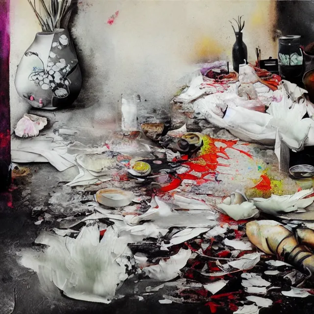 Image similar to a female artist's apartment, sensual portrait of a woman sleeping, cracked handmade japanese pottery vase, torn paper smouldering smoke, candles, white flowers on the floor, puddle of water, octopus, squashed berries, neo - expressionism, surrealism, acrylic and spray paint and oilstick on canvas