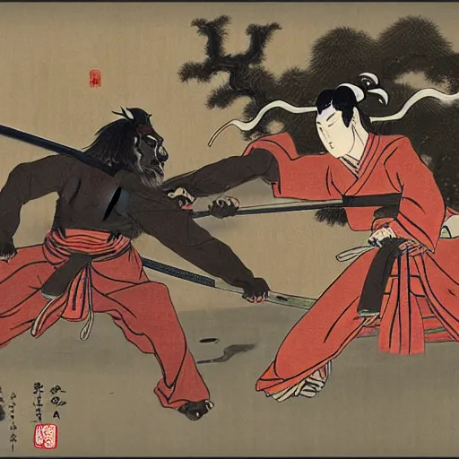 Prompt: lion samourai fighting a demon, edo period, japan, matte painting concept art, 4k, HDR