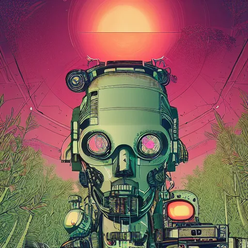 Image similar to Stunningly intricate illustration of a single cyberpunk explorer overlooking a gigantic decaying robot head in a lush forest, highly detailed, midnight, by Victo Ngai and James Gilleard , Moebius, Laurie Greasley