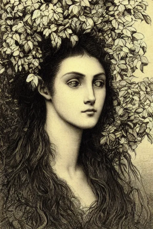 Image similar to extreme close-up portrait of a beautiful french woman with broad cheekbones with flower in the head, forest background, Gustave Dore lithography