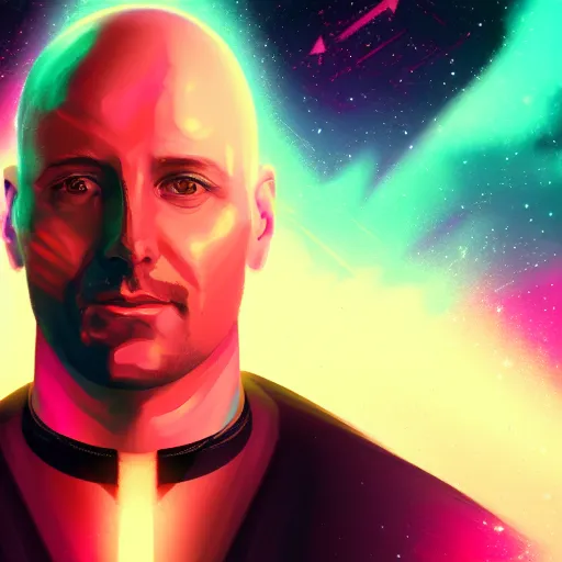 Prompt: portrait of a bald man, synthwave, universe background, nebula, galaxy, artstation