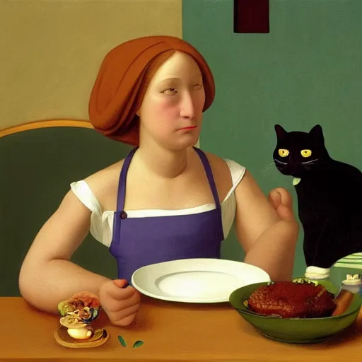 Image similar to a boring woman and her cat sharing a meal by Raphael, Hopper, and Rene Magritte. detailed, romantic, enchanting, trending on artstation.