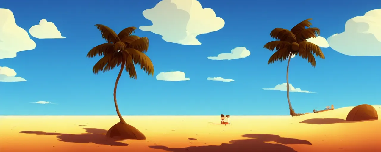 Image similar to illustration of a beach horizon with clouds and one palm tree in the style of goro fujita, sharp focus, highly detailed, artstation