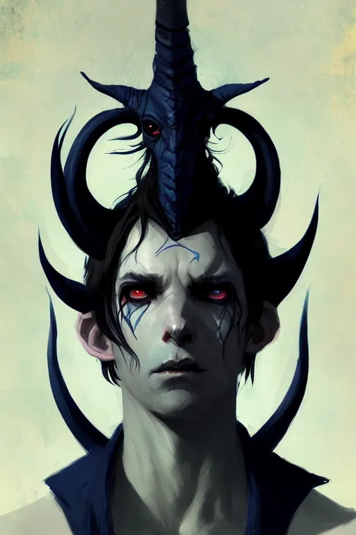 Image similar to sad dark blue tiefling boy with horns and dark hair and pitch black hollow eyes by Greg Rutkowski