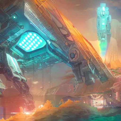 Prompt: an underwater city comprised of light built in the side of a giant robot trying to save the planet, set in the distant future, plants, light prisms, rainbow diffraction, steampunk, cyberpunk, warm lights, anime, vhs distortion