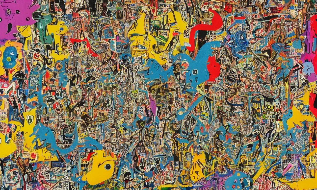 Prompt: an incredibly detailed masterpiece painting of a I SPY puzzle by bosch and lisa frank and basquiat, ornate, beautiful, bold colors, detailed, high resolution, wow!, intricate