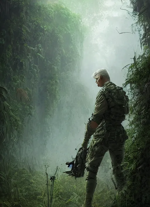 Prompt: portrait of a young richard dean anderson wearing a green combat uniform, in a post apocalyptic rio de janeiro overgrown with plants, by wlop, luis royo and greg rutkowski, cover illustration, concept art, volumetric lighting, volumetric atmosphere, sharp focus, octane render, trending on artstation, 8 k