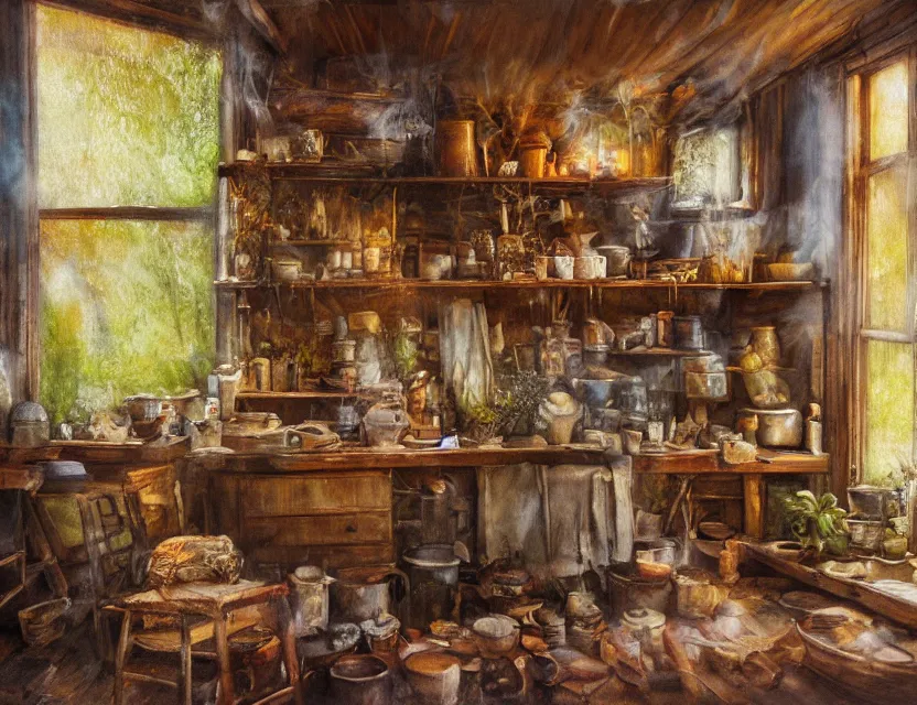 Prompt: expressive rustic oil painting, interior view of a cluttered herbalist cottage, waxy candles, burning herbs smoke, dried herbs, cabinets, wood furnishings, herbs hanging, wood chair, light bloom, dust, ambient occlusion, morning, rays of light coming through windows, dim lighting, brush strokes oil painting