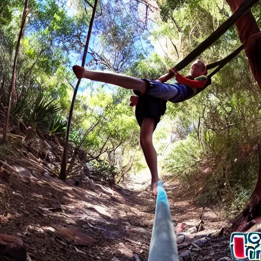 Prompt: teenager using rope swing across gully in Australian native bushland in first person perspective