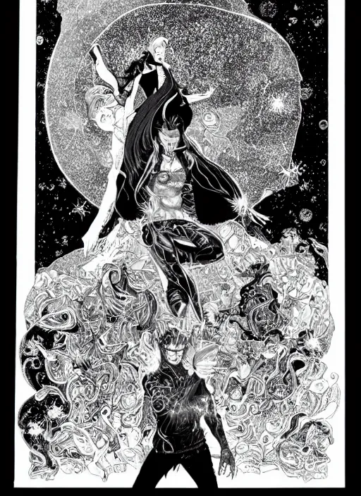 Image similar to high intricate ink drawing of the sandman holding a glimmering galaxy, full shot, neil gaiman, maria panfilova, andrea savchenko, mike kime, ludovic plouffe, qi sheng luo, oliver cook, julian calle, eddie mendoza, trending on artstation