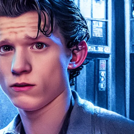 Image similar to tom holland as a rough dirty old man with a scruffy beard in a dark blue trenchcoat as the new doctor who, cinematic, volumetric lighting, f 8 aperture, cinematic eastman 5 3 8 4 film, photorealistic