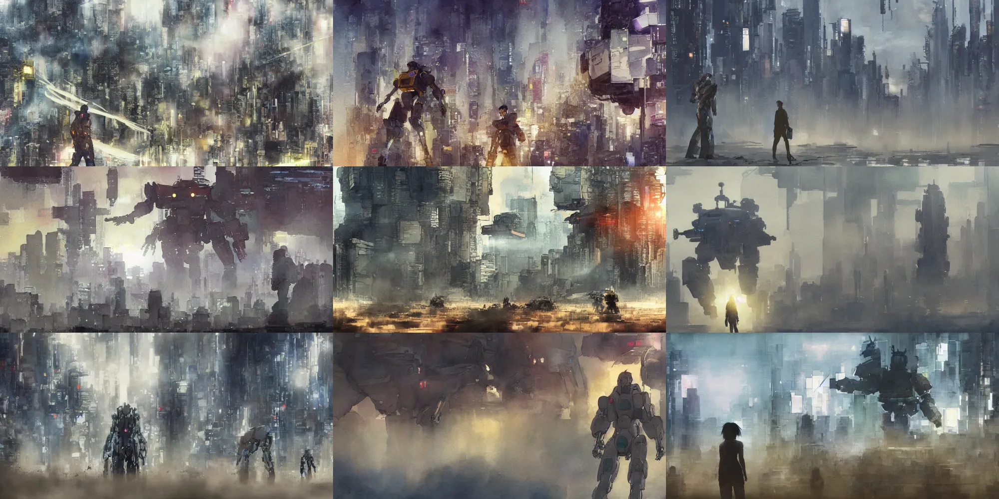 Prompt: incredible wide screenshot, ultrawide, simple watercolor, watercolor paper, rough paper texture, katsuhiro otomo ghost in the shell movie scene, backlit distant shot of a giant robot invasion side view, robots fight, mecha, geiger,robot eyes, robot head, robot shadow, robot crusher, robot stomp, panic, looking up, yellow parasol in deserted dusty shinjuku junk town, broken vending machines, bold graphic graffiti, old pawn shop, bright sun bleached ground, mud, fog, dust, windy, scary robot monster lurks in the background, ghost mask, teeth, animatronic, black smoke, pale beige sky, junk tv, texture, shell, brown mud, dust, tangled overhead wires, telephone pole, dusty, dry, pencil marks, genius party,shinjuku, koju morimoto, katsuya terada, masamune shirow, tatsuyuki tanaka hd, 4k, remaster, dynamic camera angle, deep 3 point perspective, fish eye, dynamic scene