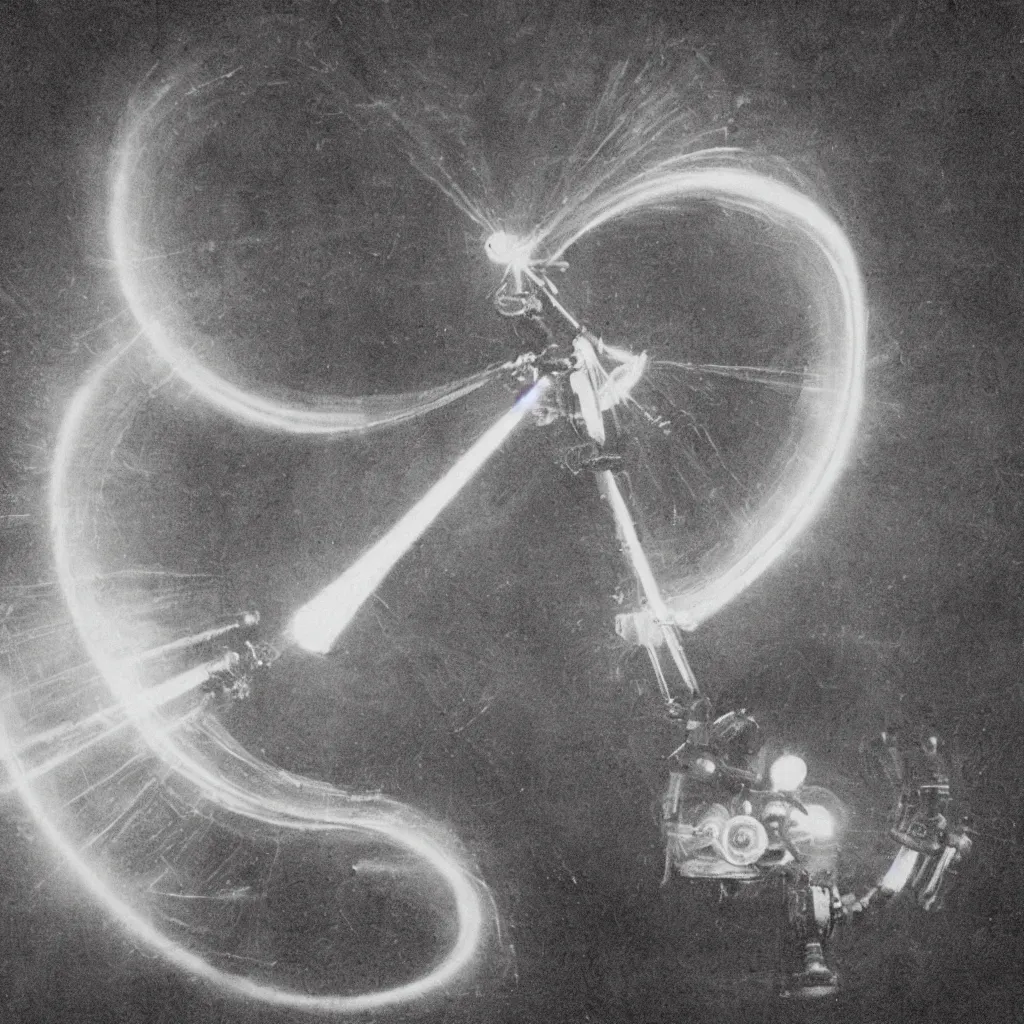 Image similar to grainy 1800s photo of a mechanical device opening a glowing portal to another dimension