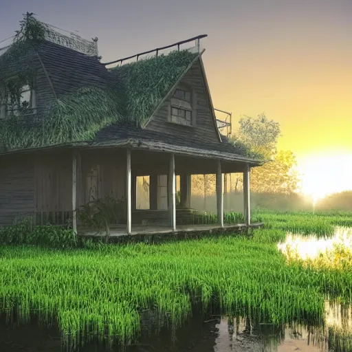 Prompt: a swamp house made of organic plants, sunrise, misty