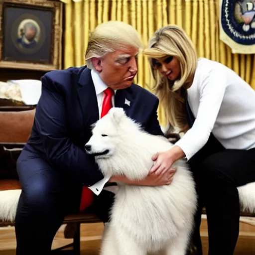 Image similar to donald trump petting samoyed dog,