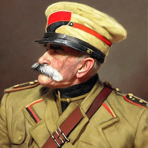 Image similar to old dog with big mustache dressed as a veteran colonel of the first world war german army, highly detailed painting by gaston bussiere, craig mullins, j. c. leyendecker