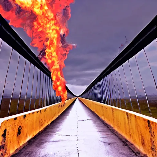 Prompt: Long bridge to hell, dslr, hyper realistic, photojournalism, scary, firey, disturbing