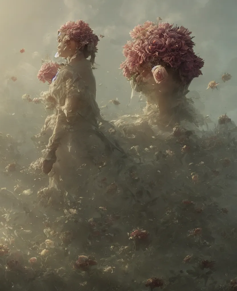 Image similar to a fancy portrait of a giant floating flower by Greg Rutkowski, Sung Choi, Mitchell Mohrhauser, Maciej Kuciara, Johnson Ting, Maxim Verehin, Peter Konig, Bloodborne , 8k photorealistic, cinematic lighting, HD, high details, atmospheric , trending on artstation