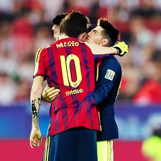 Prompt: Lewandowski and Messi kissing