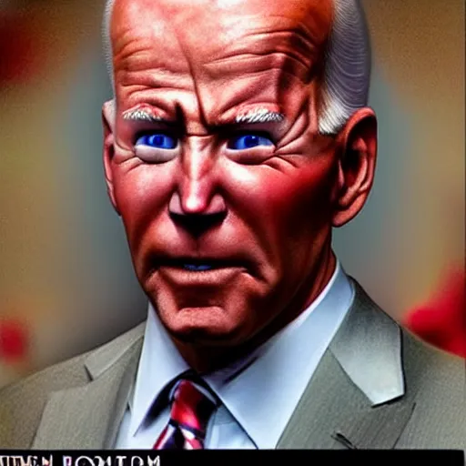 Prompt: hyper realistic terrifying photo Doom furious glowing red eyes biden