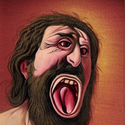 Prompt: portrait of ancient greek idiot yawning with big eyes and sharp nose. fine detail. artistic painting by lurid