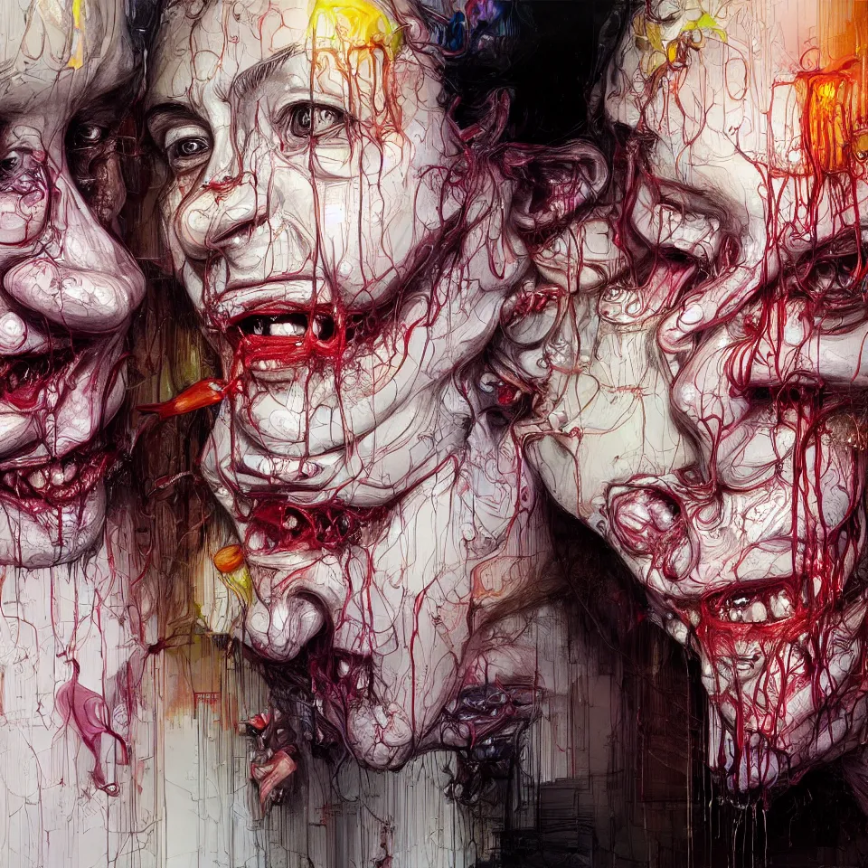 Image similar to bright realistic chabad cult smiling franticly, old apartment, rotten flesh, diffuse lighting, fantasy, intricate, elegant, highly detailed, lifelike, photorealistic, digital painting, artstation, illustration, concept art, smooth, sharp focus, art by francis bacon and jenny saville and agnes cecile