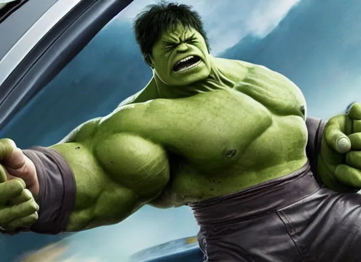 Image similar to film still of hulk driving a prius in the new avengers movie, 4 k