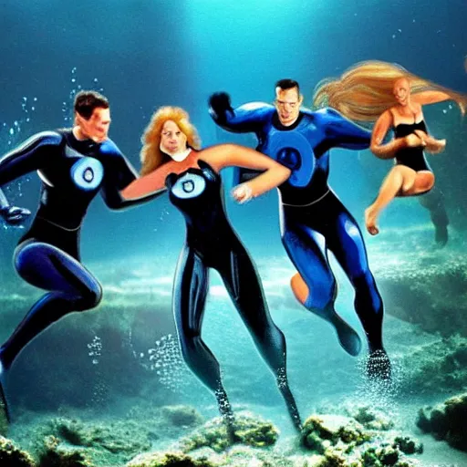 Prompt: fantastic four underwater, submarine in the background