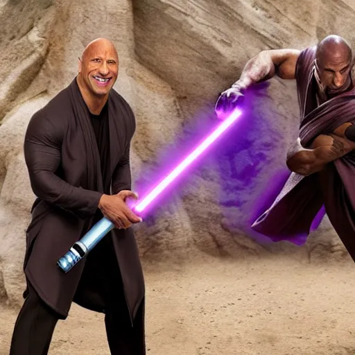 Image similar to dwayne johnson with a purple lightsaber in brown robes