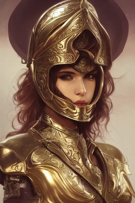 Image similar to attractive young female, ornate metallic helmet, battle armor, olive skin, long dark hair, beautiful bone structure, intricate, elegant, highly detailed, digital painting, artstation, concept art, smooth, sharp focus, illustration, art by artgerm and greg rutkowski and alphonse mucha