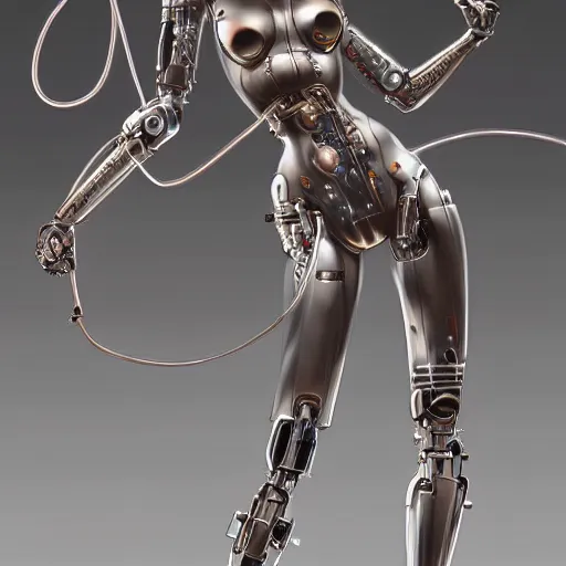 Image similar to fully body, stunningly beautiful woman cyborg robot in metal cable and wire by sorayama , highly detailed, digital painting, artstation, concept art, sharp focus, illustration, art by artgerm and greg rutkowski and art nouveau mucha