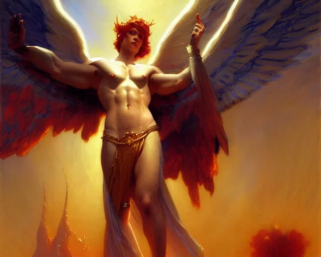 Image similar to attractive angel male deity, casting magic, summoning handsome lucifer morning star. highly detailed painting by gaston bussiere, craig mullins, j. c. leyendecker 8 k