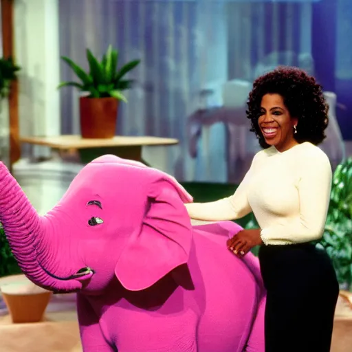 Prompt: a pink elephant as a guest in the oprah winfrey show