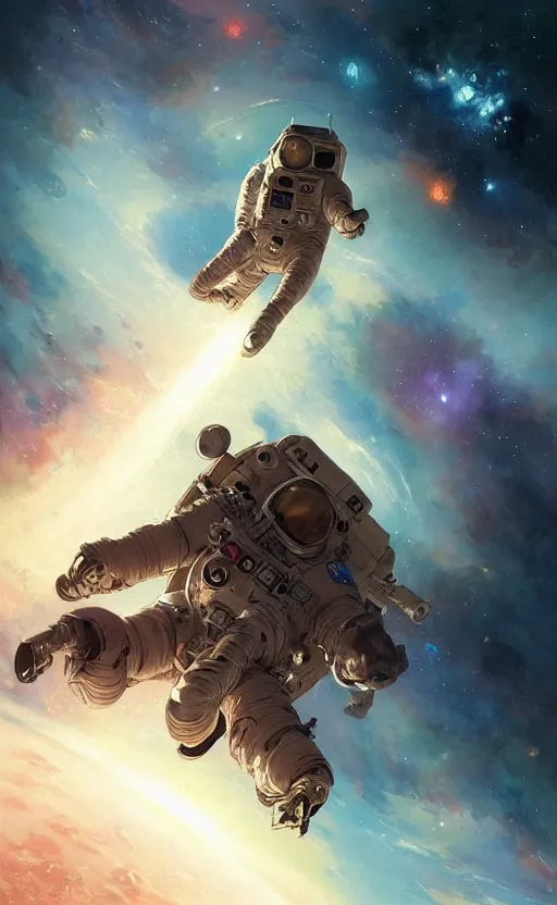 Image similar to a beautiful artwork illustration, astronaut hovering in space galactic nebula, by greg rutkowski and jesper ejsing and raymond swanland, featured on artstation, wide angle, vertical orientation