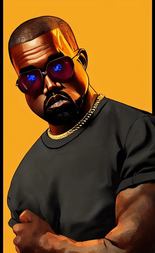 Prompt: kanye west in grand theft auto 5, cover art by stephen bliss, artstation