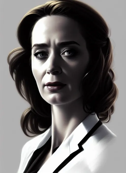 Image similar to portrait of emily blunt as business woman, black suit, white shirt, black tie, intricate, headshot, highly detailed, digital painting, artstation, concept art, sharp focus, cinematic lighting, illustration, art by artgerm and greg rutkowski, alphonse mucha, cgsociety