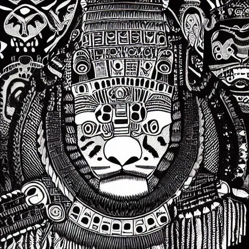 Image similar to b & w illustration of mayan jaguar warrior, resolved, showing conviction or humor by a gloomy silence or reserve, by studio multi and victo ngai, malika favre, william s burroughs, cut up film