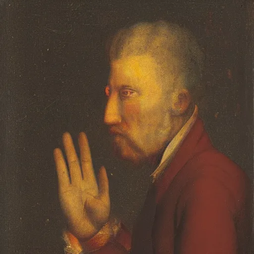 Image similar to a portrait of man with hand growing from his head, holding a red crystal