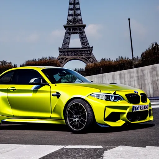 Image similar to long shot of BMW M2 Competizione drifting in front of the Effel Tower in Paris, 4k, HD Photography