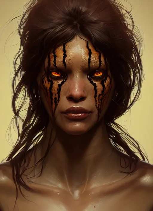 Image similar to female black and brown venom, naturel, hyper detailed, digital art, trending in artstation, cinematic lighting, studio quality, smooth render, unreal engine 5 rendered, octane rendered, art style by klimt and nixeu and ian sprigger and wlop and krenz cushart