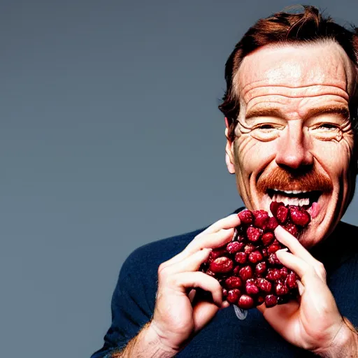 Prompt: closeup portrait of happy bryan cranston with open mouth filled with cranberies, eating cranberries, food photography, natural light, sharp, detailed face, magazine, press, photo, steve mccurry, david lazar, canon, nikon, focus