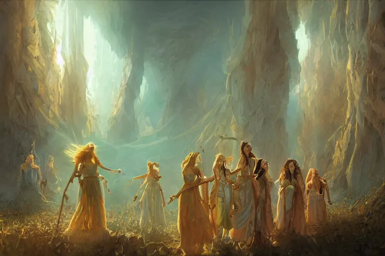 Image similar to the muses. sacred singers they who took up the strings of the deep, and turned the cacophony of an angry world into songs of unity and peace. morning lighting, cinematic fantasy painting, dungeons and dragons, jessica rossier and brian froud