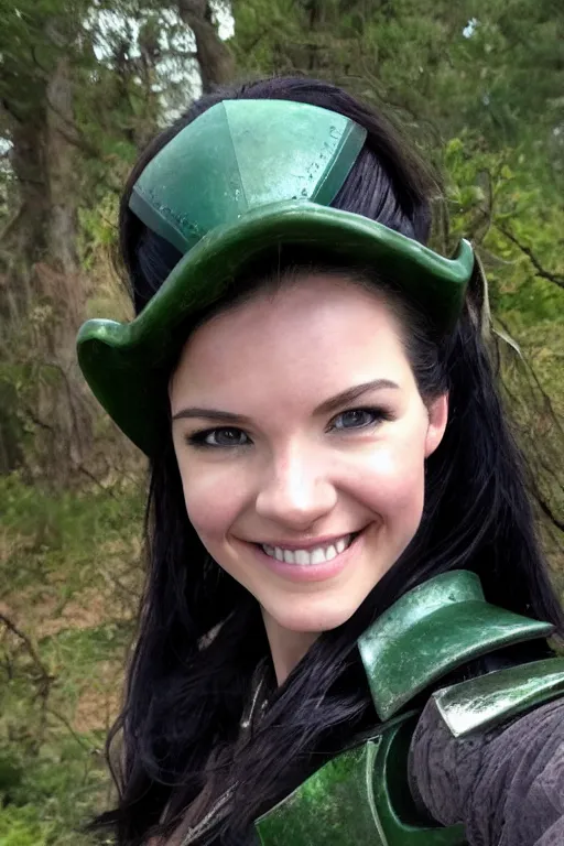 Image similar to fantasy character photo, live action. female ranger. danielle campbell. manic grin, yandere. tall, lanky, athletic, wiry. brown & dark forestgreen leather armor. small tilted lightgreen feathered cap worn at jaunty angle. black hair in ponytail. bright blue eyes.