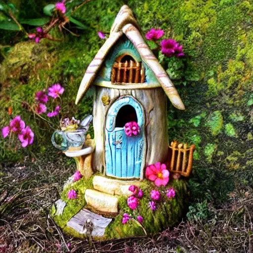 Prompt: cute fantasy fairy house, tea cup, by tonia tkach