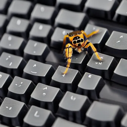 Prompt: a jumping spider, using a computer keyboard, by pixar, macro lens, iridescent