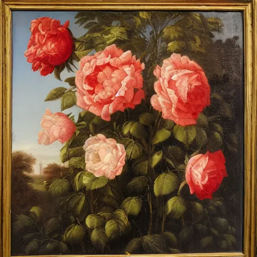 Prompt: dutch golden age painting of a wall of roses