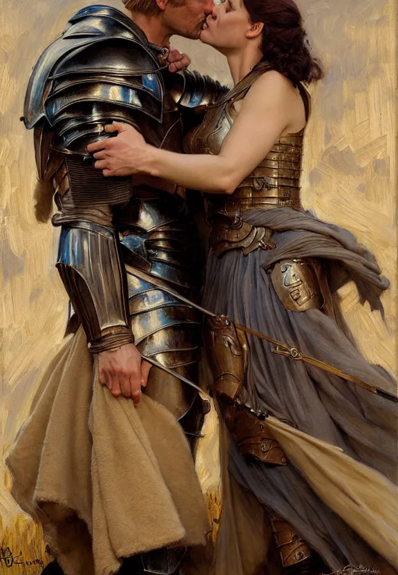 Image similar to attractive fully clothed jaime lannister kisses attractive fully clothed armored brienne of tarth. highly detailed painting by gaston bussiere and j. c. leyendecker 8 k