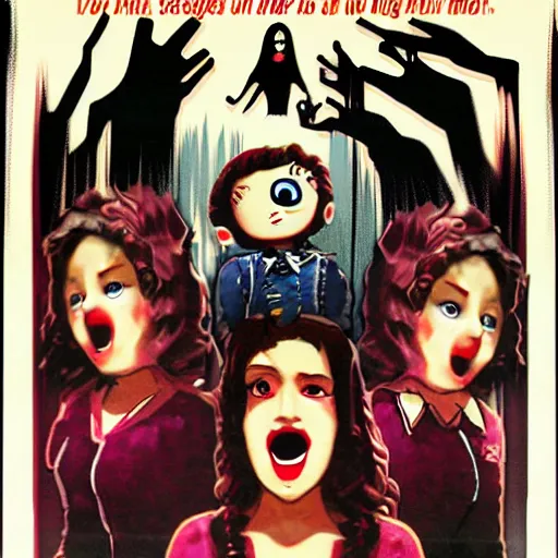 Image similar to Horror movie poster with evil Nendroid girls on a table looking up at the camera, by Graham Humphreys, movie poster, horror